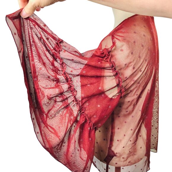 Express Small Petite Sheer Maroon Lacy Top Ruffled Bell 3/4 Sleeves Spotted - Picture 4 of 10